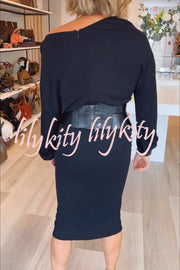 Winston Faux Leather Patchwork Wide Belt Design One Shoulder Stretch Midi Dress