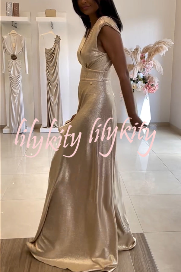 Roisin Metallic Fabric Ruched Shoulder V-neck Wide Leg Drape Jumpsuit