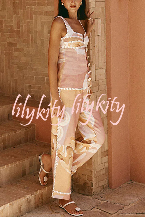 European Summer Linen Blend Ric Rac Trims High Rise Pocket Loose Pants