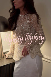 Fashion Sequined Hollow Long Sleeve Loose Knit Top