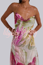 Floral Print Sexy Backless Slit See-Through Holiday Maxi Dress