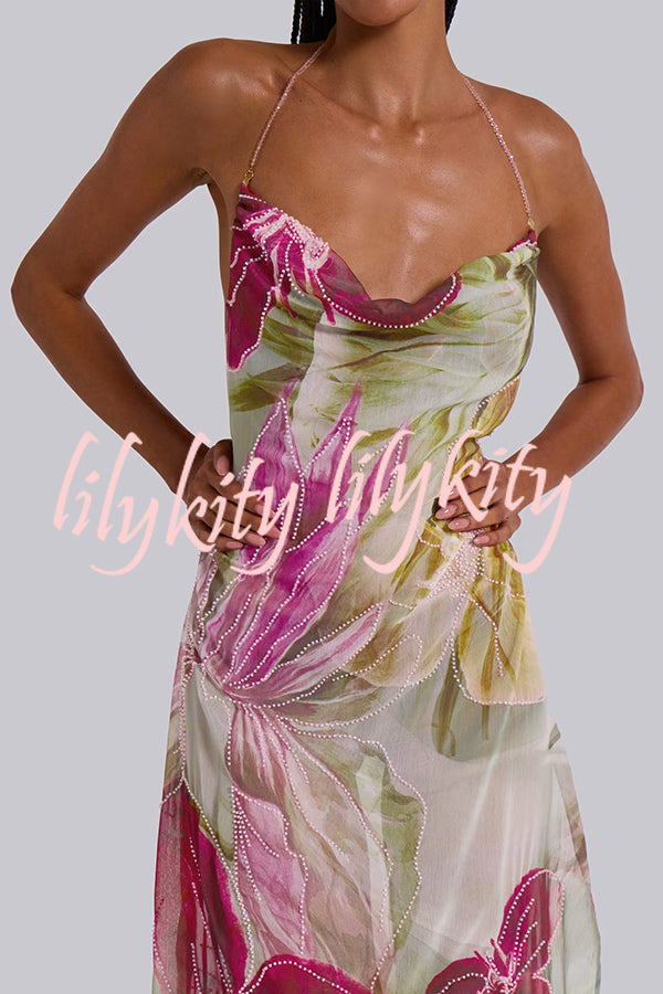 Floral Print Sexy Backless Slit See-Through Holiday Maxi Dress
