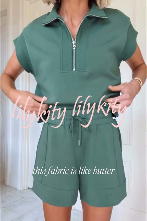 Buttery Touch Half-Zip Short Sleeve Sweatshirt and Elastic Waist Pocket Casual Shorts Set