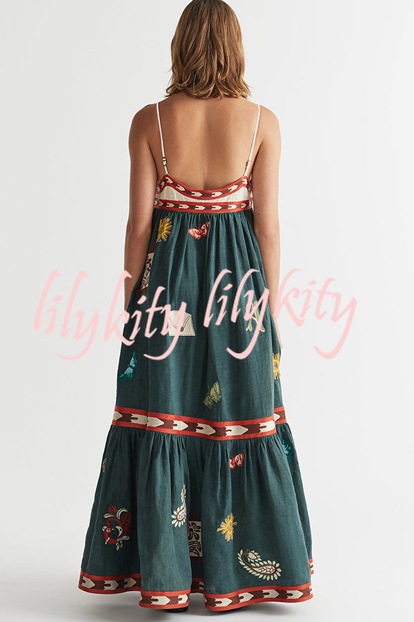 Unique Printed Sexy Suspender Backless Large Hem Maxi Dress