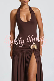 Solid Color Halter Neck Backless Slim Fit Pleated Slit Maxi Dress
