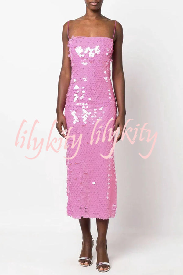 Sexy Sequined Halter-neck Backless Slim Fit Slit Midi Dress