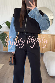 Sports Fashion Denim Patchwork Sweatshirt Fabric High Rise Pocket Loose Pants