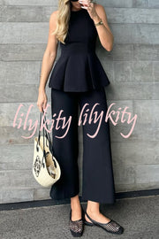 Solid Color Round Neck Sleeveless Casual Top and Loose Straight Pants Set