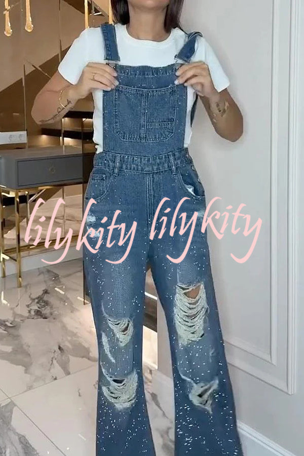Fashionable Hot Diamond Casual Pocket Ripped Denim Overalls