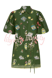 Linen Blend Unique Print Puff Sleeve Casual Mini Dress