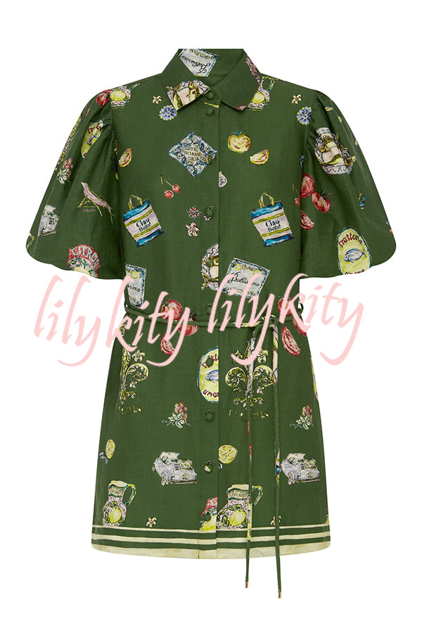 Linen Blend Unique Print Puff Sleeve Casual Mini Dress