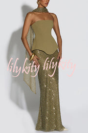 Oakley Corset Strapless Top and Sequin High Rise Maxi Skirt Scarf Set