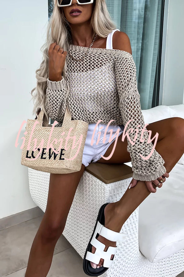 Vacation Beach Cover Up Long Sleeved Hollow Loose Top