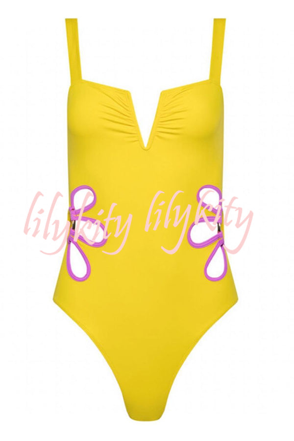 Hawaiian Style Side Waist Floral Hollow Out Stretch One-piece Swimsuit