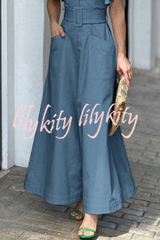 Solid Ruffle Sleeve V Neck High Waist Pocket Maxi Dress