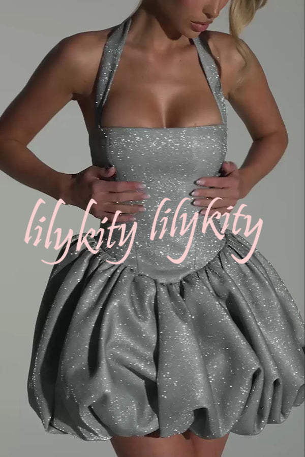 Araminta Glitter Fabric Square Halter Tie Neck Back Lace-up Fluffy Bubble Mini Dress