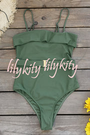 Solid Color Suspender Buckle Waist Elastic Swimsuit