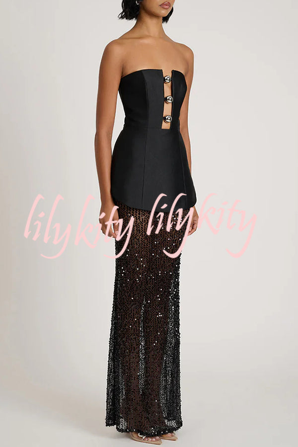 Nerissa Satin cutout metal ball Patchwork sequin hem strapless maxi dress