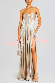 Metallic Sexy Tube Top Pleated High Slit Maxi Dress