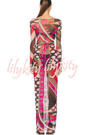 Gypsy Girl Mesh Unique Print Wide Neck Long Sleeve Stretch Maxi Dress