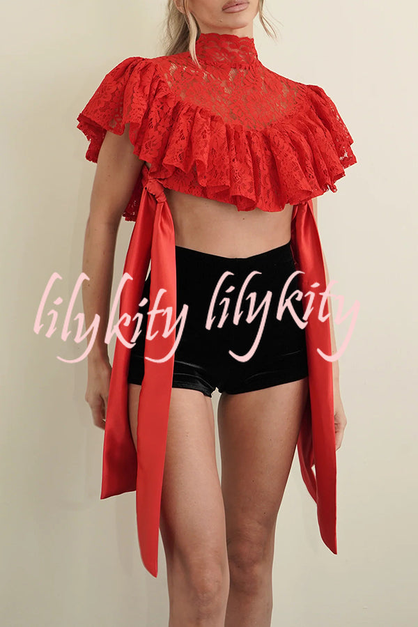 Clarissa Lace High Neck Side Tie-up Cascading Ruffles Cropped Cape Top