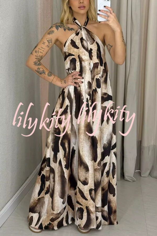 Leopard Print Sexy Halter Neck Backless Loose Maxi Dress