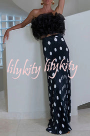 Eye-catching Satin Pleated Poka Dot Print High Rise Drape Maxi Skirt