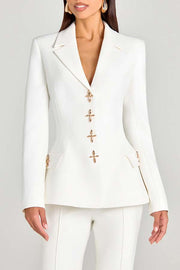 Women Power Metal Cross Snap Button Long Sleeve Lapel Blazer