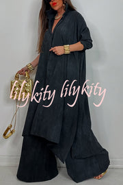 Solid Color Casual Loose Long Shirt and Elastic Waist Pocket Wide Leg Pants Set