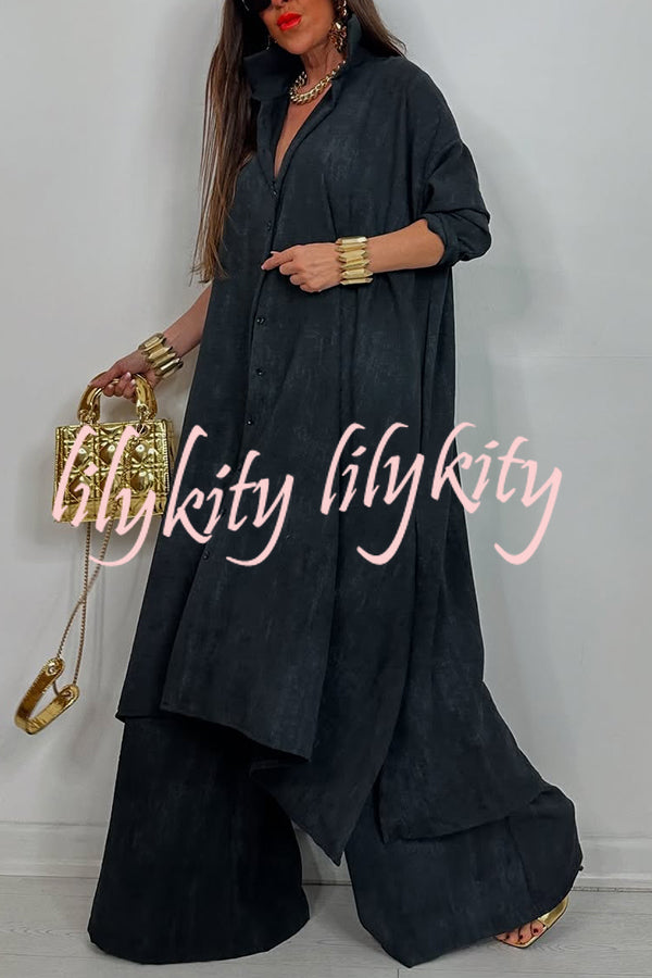 Solid Color Casual Loose Long Shirt and Elastic Waist Pocket Wide Leg Pants Set