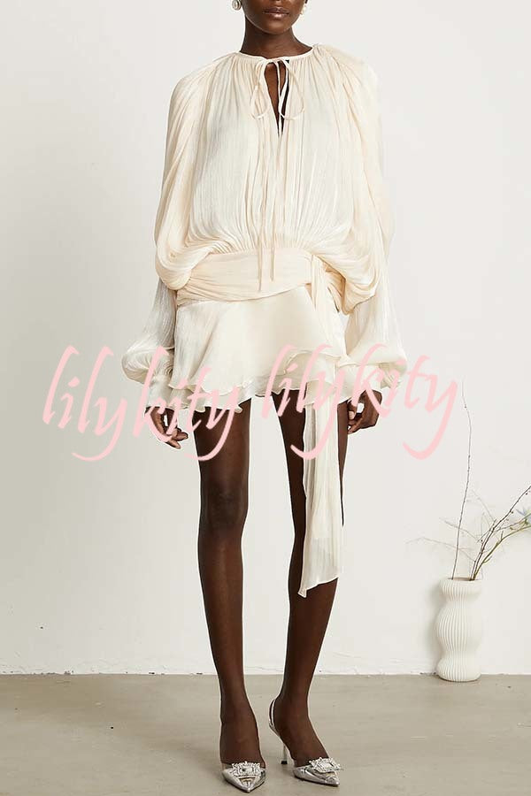 Ninah Glitter Fabric Pleated Balloon Sleeve Tiered Ruffle Hem Mini Dress