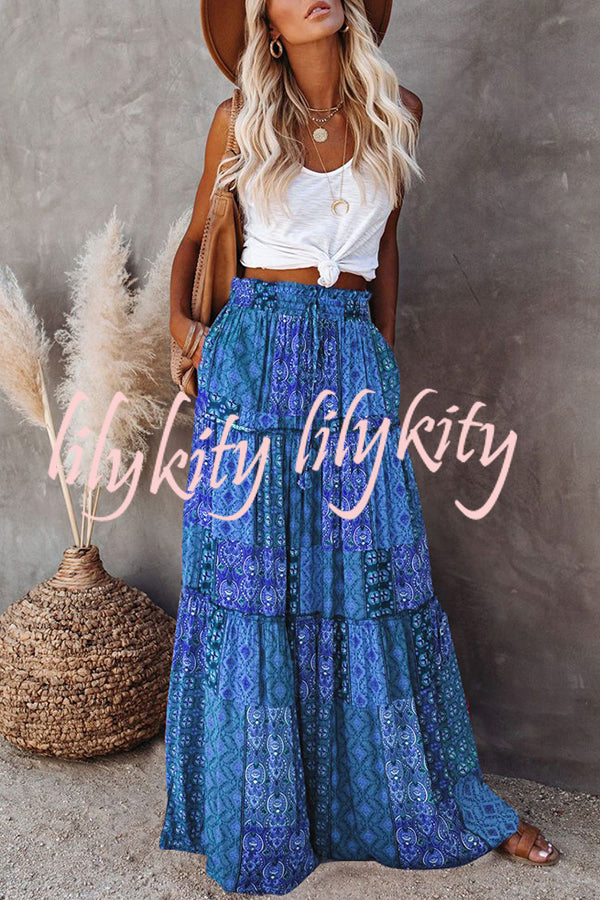 Floral Print Stretch Elastic Waist Pocket High Waist Skirt