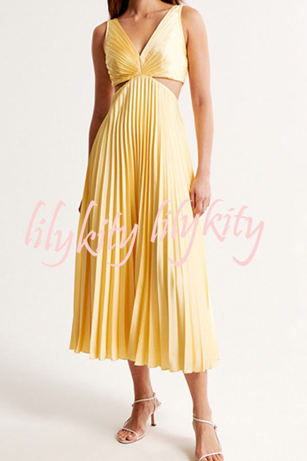 Summer Social Stain Pleated Cutout Waist Loose Midi Dress