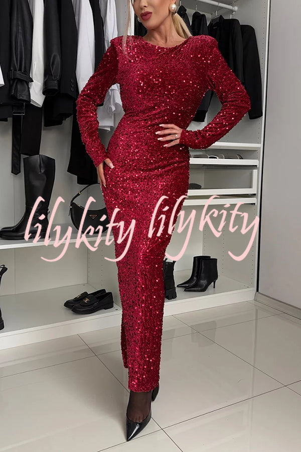 My Space Velvet Sequin Long Sleeve Open Back Bow Detail Stretch Maxi Dress