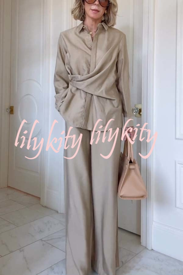 Juliette Cross-front Button Up Long Sleeve Shirt and Elastic Waist Pocket Loose Pants Set
