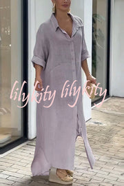 Linen Blend Solid Long Sleeve Buttoned Loose Shirt Style Maxi Dress