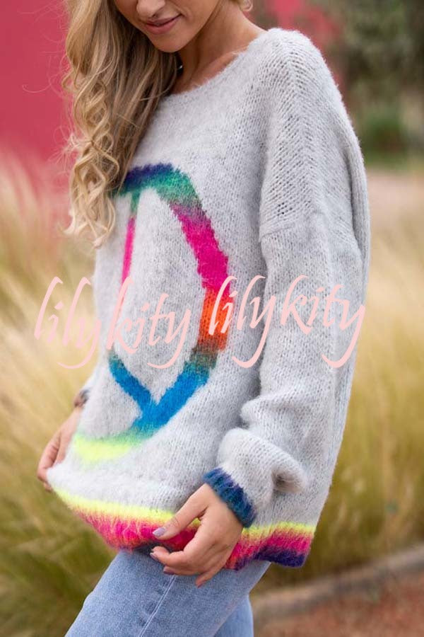 Love and Peace Knit Rainbow Pattern Loose Pullover Sweatershirt