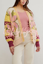Floral Pattern Loose Long-sleeved Knitted Cardigan