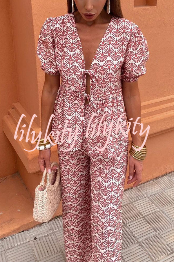 Stylish Printed Puff Sleeves V-neck Tie Top and Elastic Waist Loose Pants Set