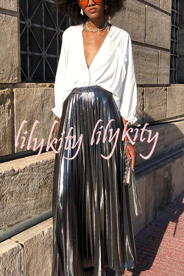 Fashionable Metallic Pleated Back Elastic Waist Maxi Skirt