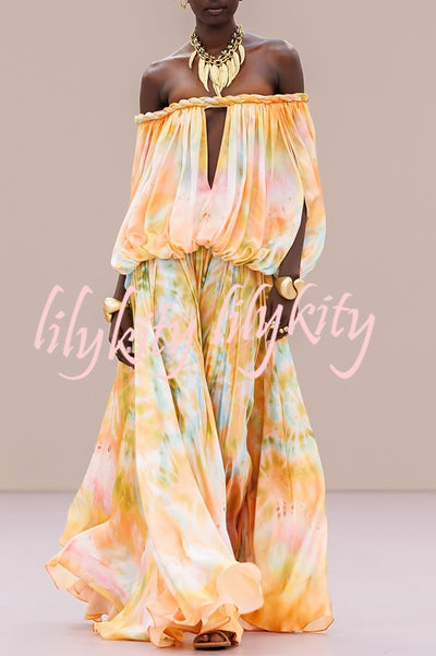 Gorgeous 70s Dream Tie-dye Print Off Shoulder Braid Cutout Detail Drape Maxi Dress