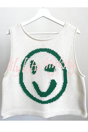 Always Happy Face Knit Unique Pattern Versatile Loose Tank Top