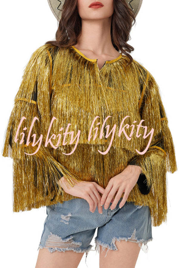 Start The Party Gold Foil Tassels Long Sleeve Jacket