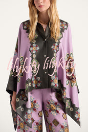 Satin Unique Print Loose Batwing Sleeve Top and Elastic Waist Pocket Casual Wide-leg Pants Set