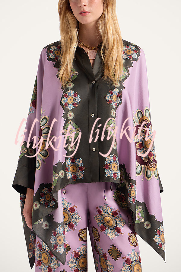 Satin Unique Print Loose Batwing Sleeve Top and Elastic Waist Pocket Casual Wide-leg Pants Set