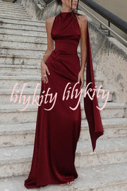 Solid Color Satin Elegant Sleeveless Waist Maxi Dress