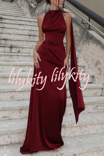 Solid Color Satin Elegant Sleeveless Waist Maxi Dress