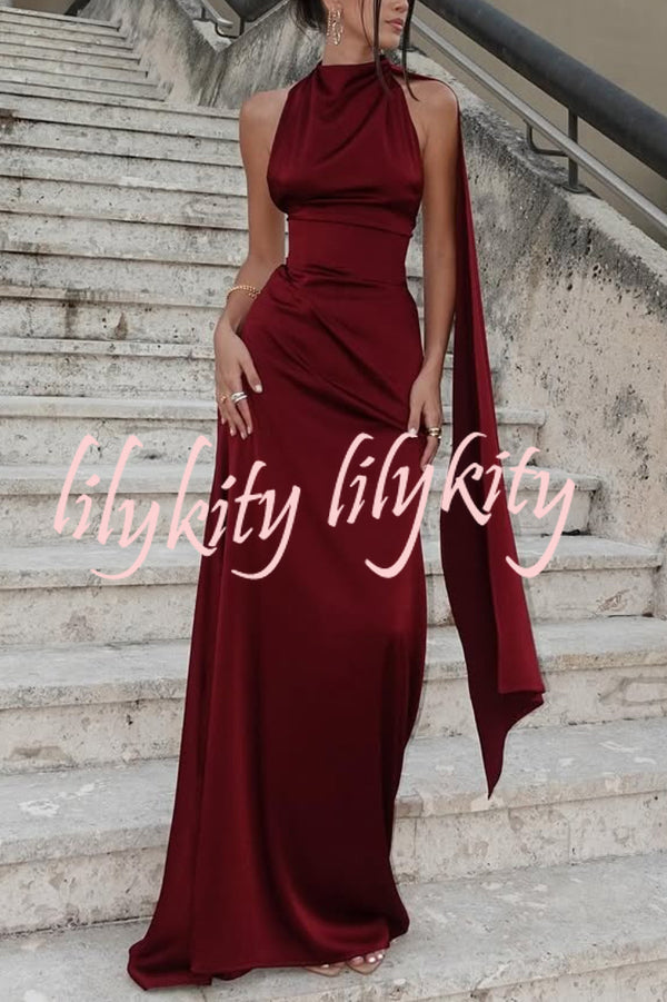 Solid Color Satin Elegant Sleeveless Waist Maxi Dress