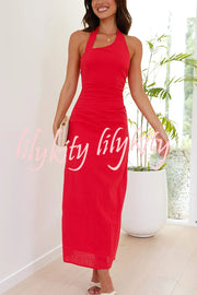 Solid Color Sleeveless Halter Neck Backless Slim Fit Maxi Dress