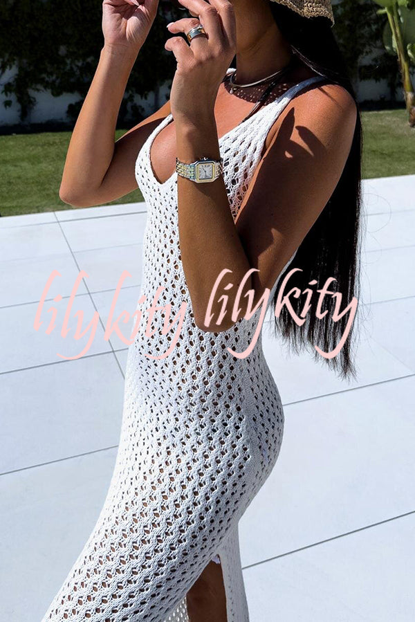 Solid Color V-neck Hollow Beach Knitted Cover-up Midi Dress